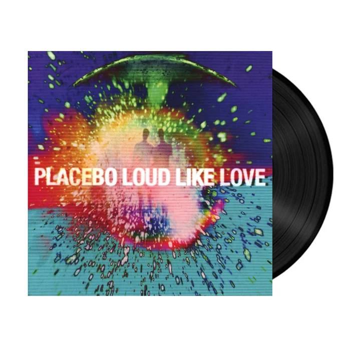 Portada del Disco de Placebo Loud Like Love donde se muestran dos siluetas de personas sobre una mancha de pinturas de varios colores